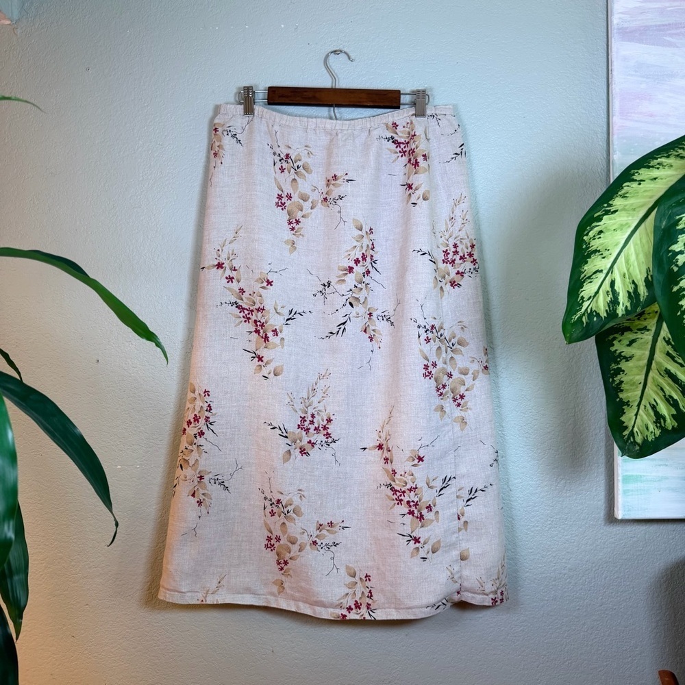 Orvis Linen Natural Tan Asian Cherry Blossom Floral A Line Pleated Midi Skirt M - Picture 4 of 7